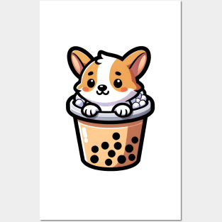 Cheerful Corgi in Boba Tea - Cute Puppy Cartoon Illustration Posters and Art